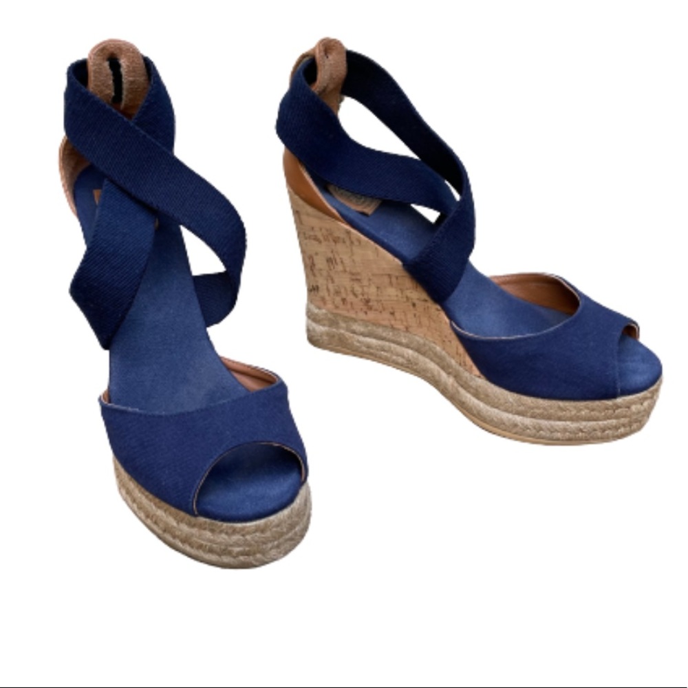 Tory Burch Navy Platform Wedge Espadrille, Peep Toe CrissCross Strap Size 7